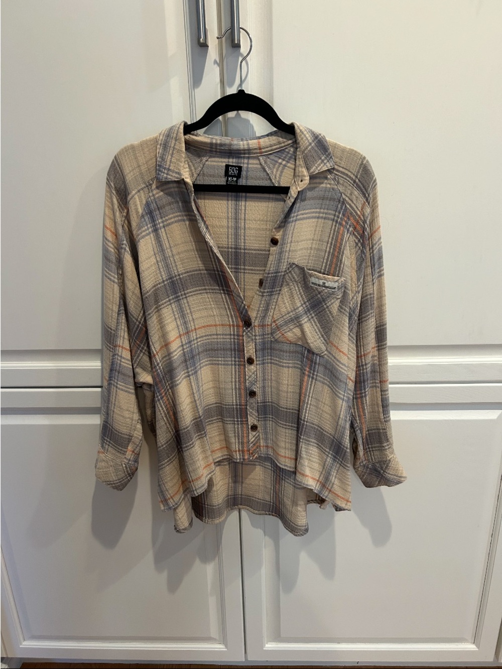 BDG Beige Plaid Button-Down Shirt with Gray and Orange Accents